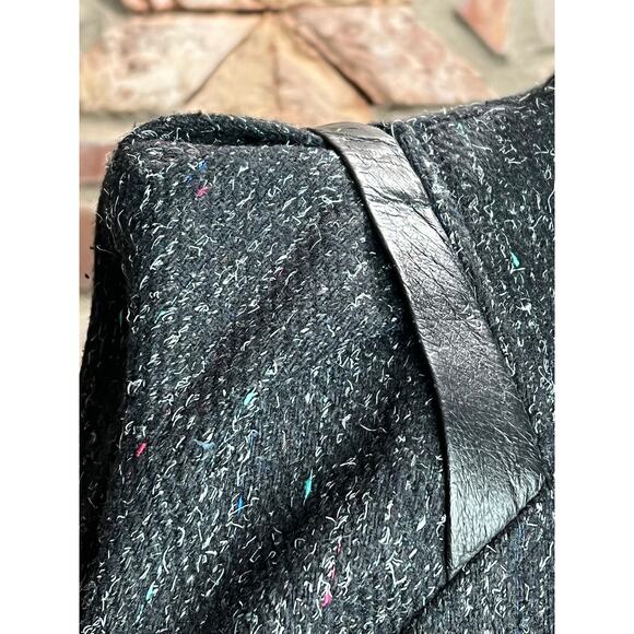 Coat wool charcoal teal pink blue high neck leather trim - Picture 5 of 14